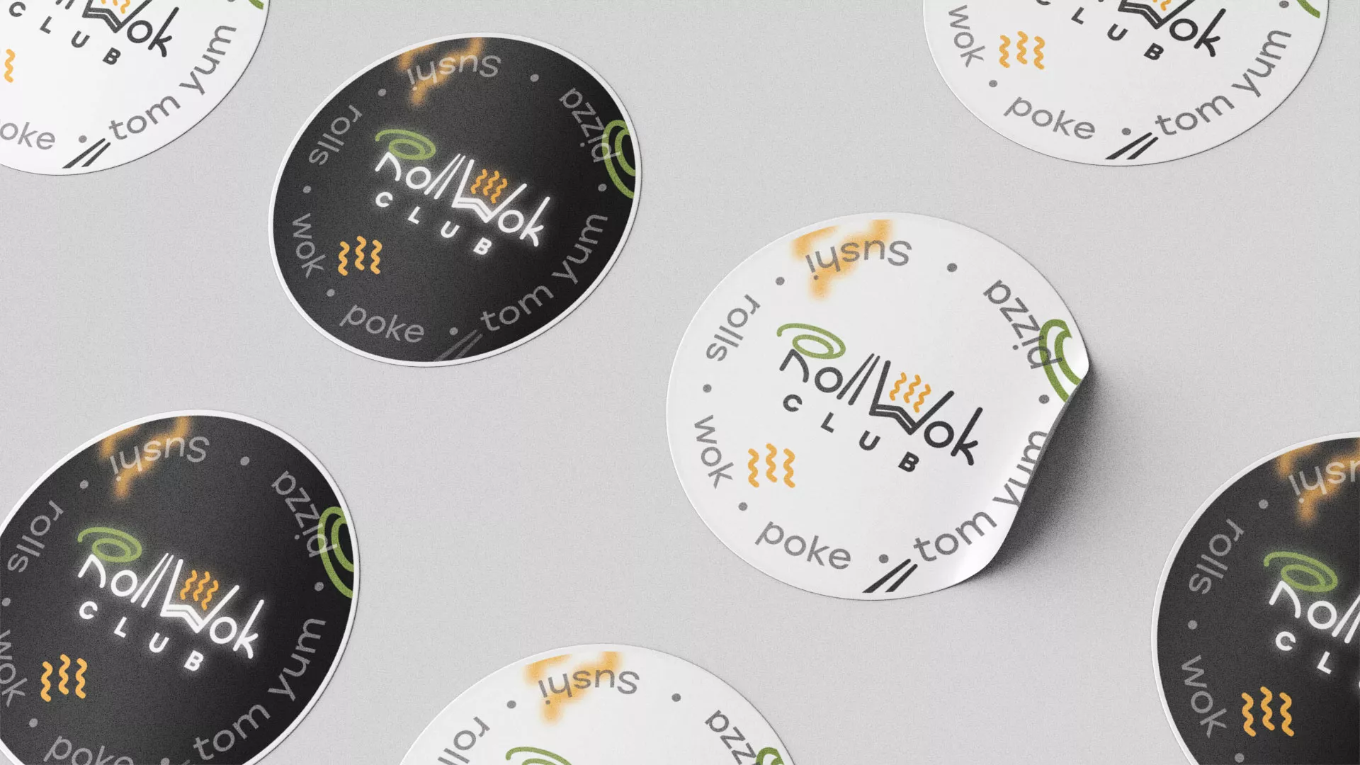 Разработка наклеек для суши-бара «Roll Wok Club» в Каменке